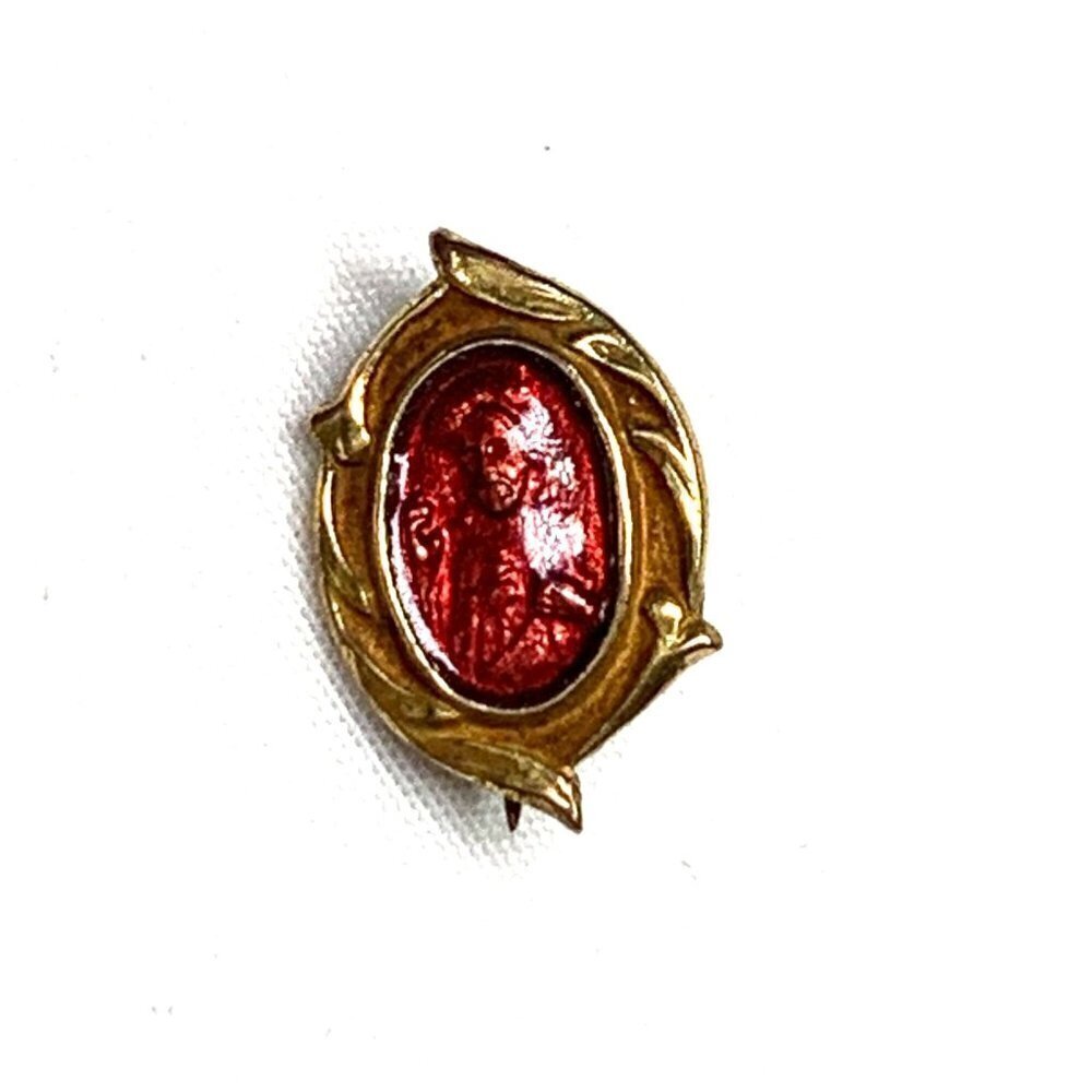 Vintage Catholic Medal Lapel Pin Religious Jewelry Red Enamel & Gold Metal